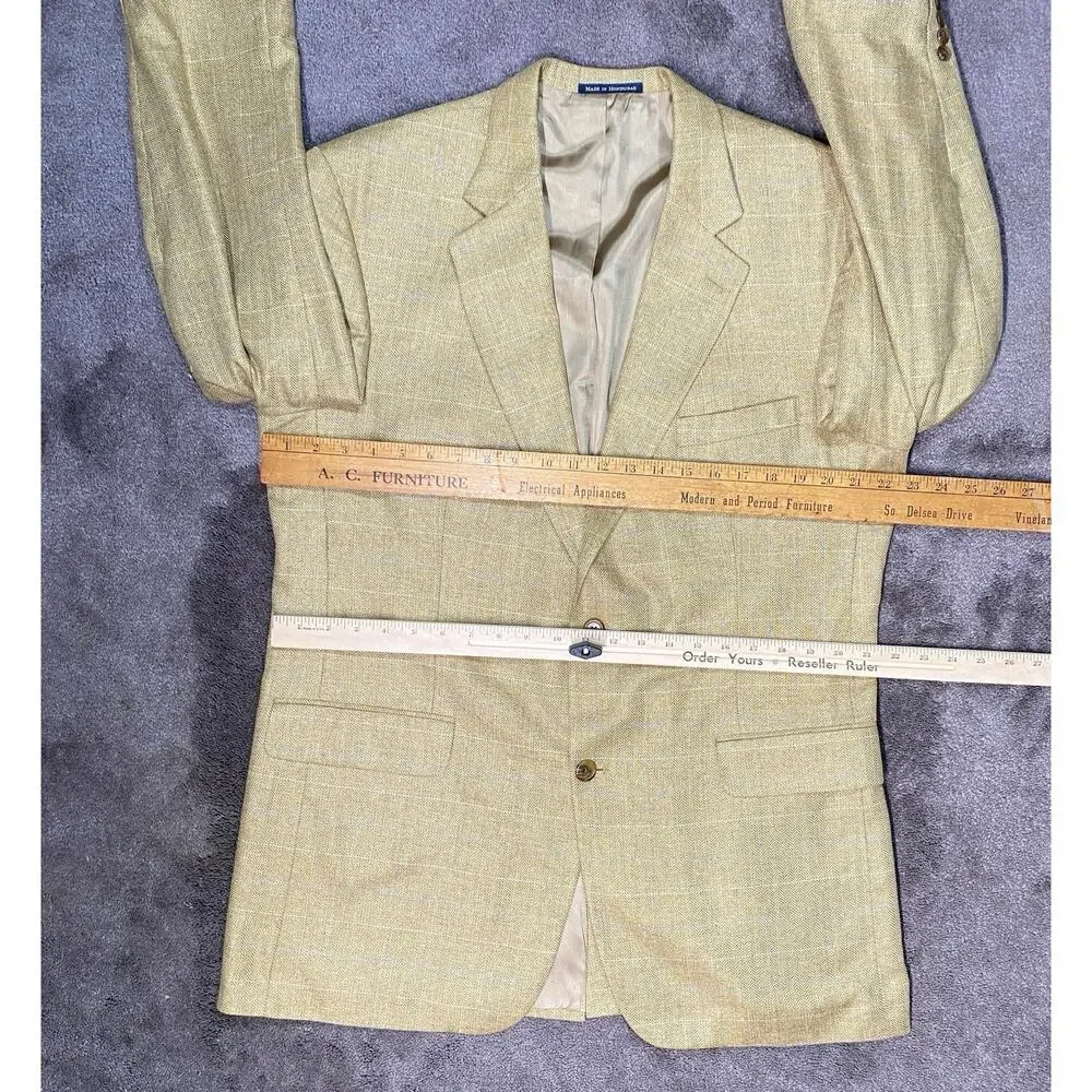 Lands' End Men 44 LONG 100% Silk Herringbone British Tan Aqua White Check Blazer